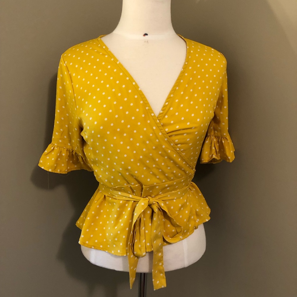Harpa Wrap Blouse Yellow Polka Dot Size Small